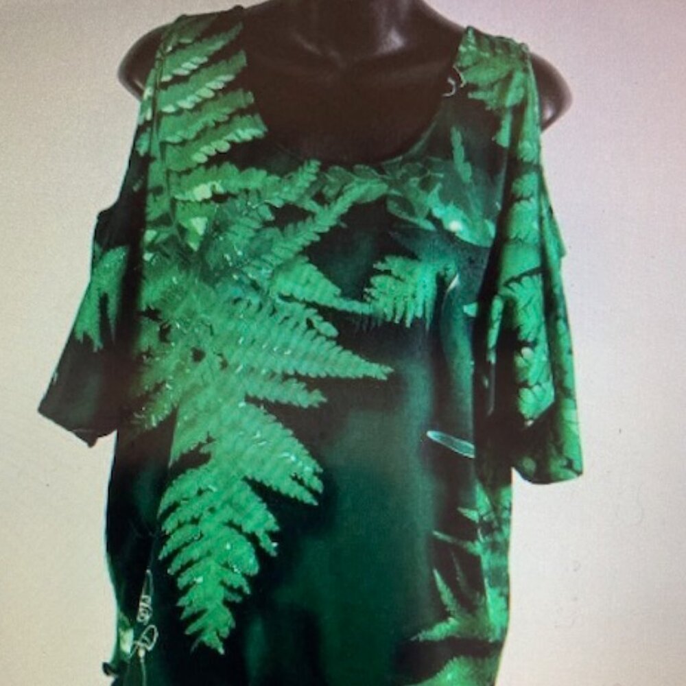 KINI ZAMORA HAWAIIAN FERN COLD SHOULDER TOP BLOUSE TUNIC MADE IN HAWAII SWEET XS